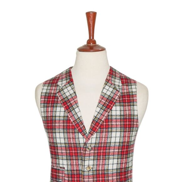 Mens 46R Wool Vest Red White Blue Tartan Plaid Waistcoat Christmas Party Formal - Picture 3 of 8